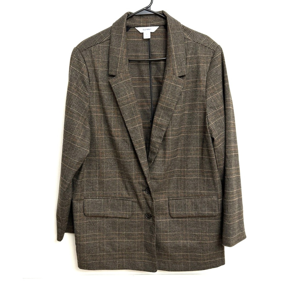 Old Navy Blazer Women's XL Brown Glen Check Plaid Relaxed Unstructured Neutral